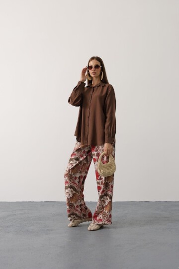 Fuşya Desenli Pantolon Ve Oversize Gömlek Takım