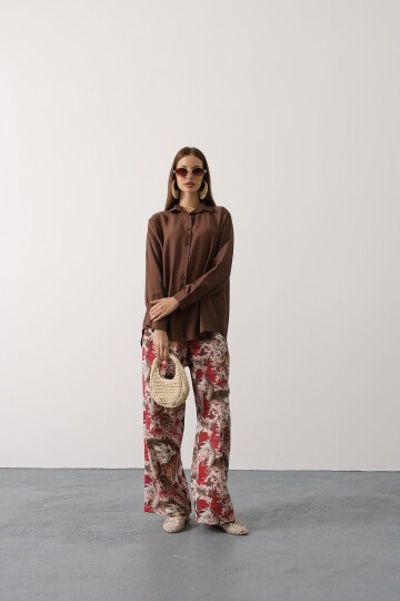Fuşya Desenli Pantolon Ve Oversize Gömlek Takım