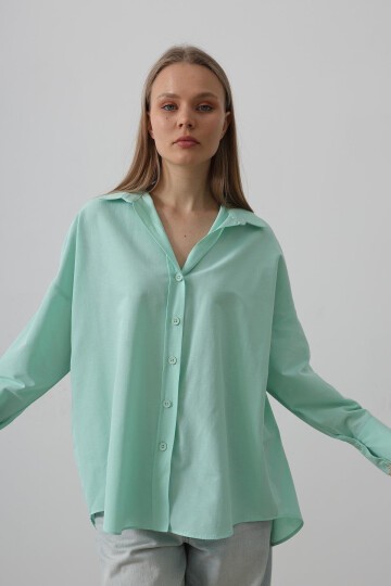 Mint Geniş Manşet Detaylı Oversize Gömlek
