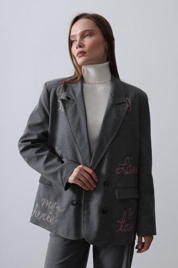Antrasit Nakış İşlemeli Blazer Ceket Ve Palazzo Pantolon Takım