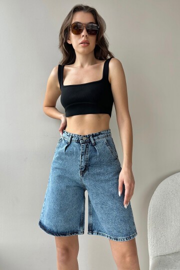 Koyu Mavi Yüksek Bel Wide Leg Bermuda Denim Şort