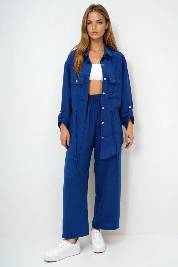 Lacivert Çift Cepli Safari Ceket Ve Beli Lastikli Wide Leg Aerobin Pantolonlu Takım