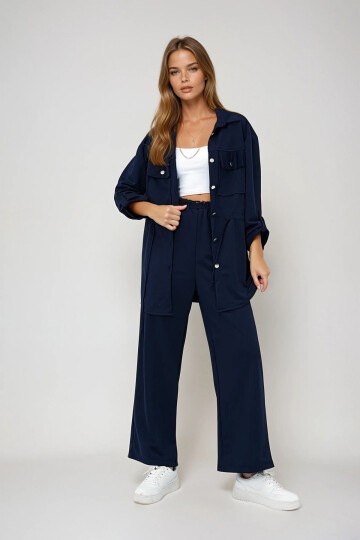 Lacivert Çift Cepli Safari Ceket Ve Beli Lastikli Wide Leg Pantolonlu Krep Alt Üst Takım