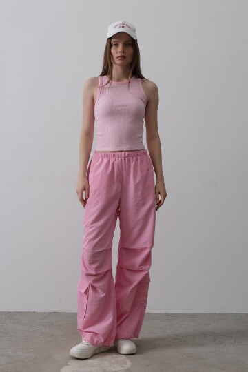 Pembe Beli Lastikli Paraşüt Kargo Pantolon