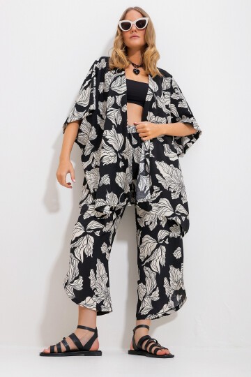 Siyah Palazzo Pantolon Ve Desenli Dokuma Viskon Kimono Takım