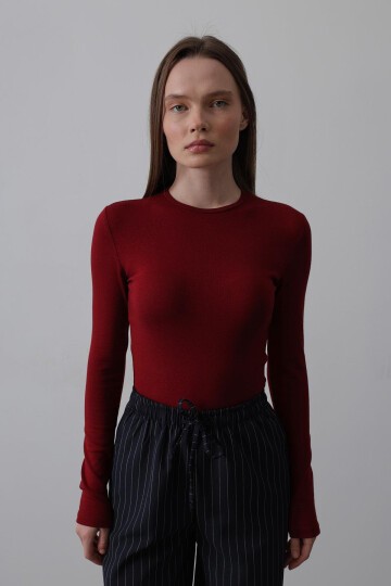 Bordo Bisiklet Yaka Basic Bluz