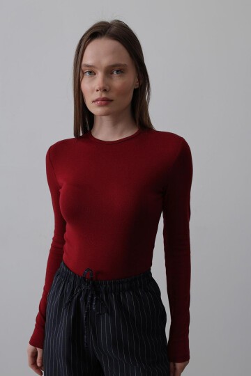 Bordo Bisiklet Yaka Basic Bluz