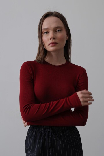 Bordo Bisiklet Yaka Basic Bluz