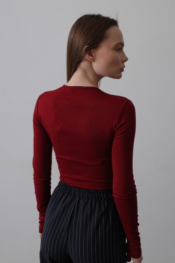 Bordo Bisiklet Yaka Basic Bluz