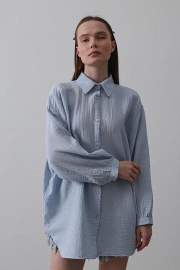 Bebe Mavisi Uzun Kol Oversize Gömlek