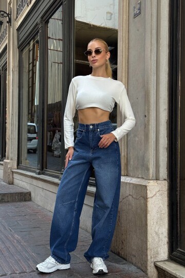 Koyu Mavi 5 Cepli Bol Paça Baggy Jean