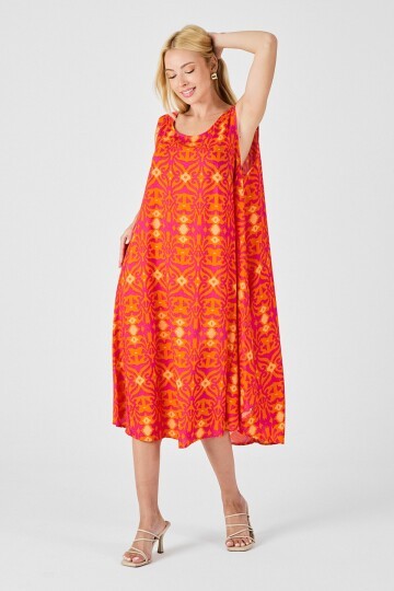 Turuncu Asimetrik Kesim U Yaka Desenli Elbise