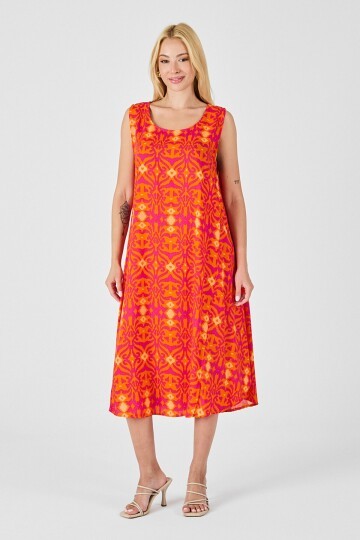 Turuncu Asimetrik Kesim U Yaka Desenli Elbise