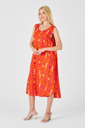Turuncu Asimetrik Kesim U Yaka Desenli Elbise