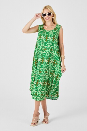 Yeşil Asimetrik Kesim U Yaka Desenli Elbise