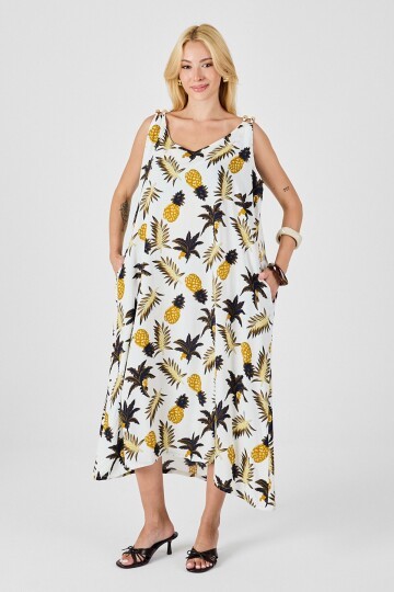 Ekru Askılı Boncuk Detaylı Çift Cepli Desenli Salaş Elbise