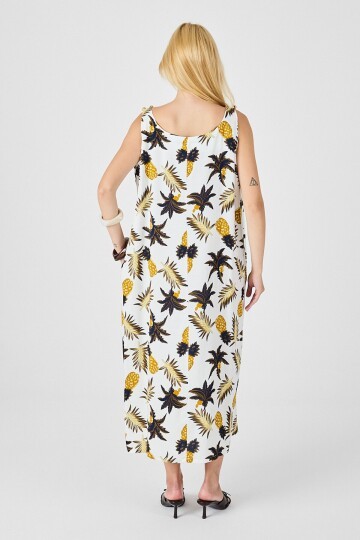 Ekru Askılı Boncuk Detaylı Çift Cepli Desenli Salaş Elbise