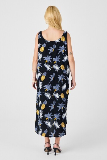 Sarı Askılı Boncuk Detaylı Çift Cepli Desenli Salaş Elbise