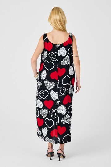 Kırmızı-Siyah Askılı Boncuk Detaylı Çift Cepli Desenli Salaş Elbise