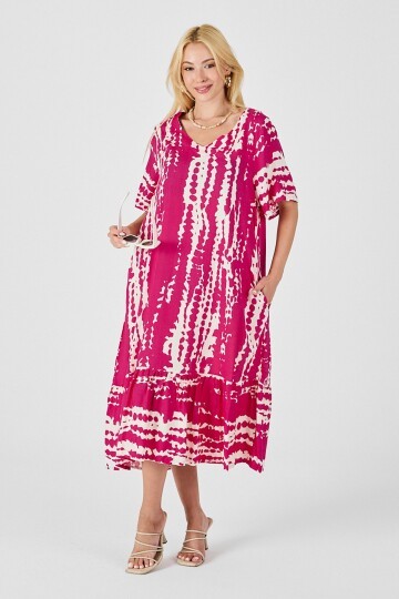 Fuşya Batik Desenli V Yaka Eteği Volanlı Oversize Elbise