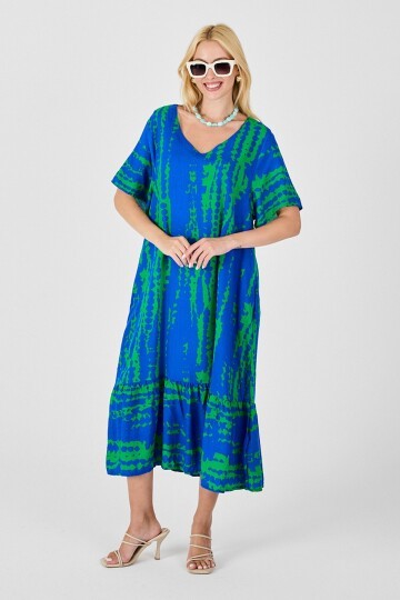 Yeşil Mavi Batik Desenli V Yaka Eteği Volanlı Oversize Elbise