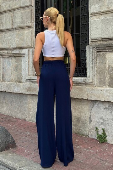 Beli Lastikli Bağcıklı Yüksek Bel Bol Paça Pantolon