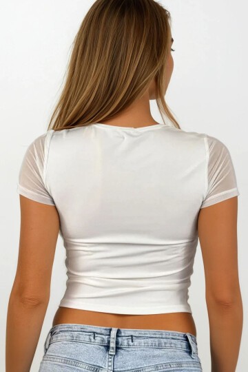 Beyaz Bisiklet Yaka Tül Detaylı Crop Bluz
