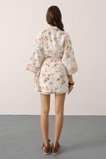Mix Çiçek Desenli Bağlamalı Kimono