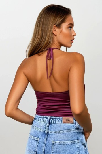 Bordo Boyundan Bağlamalı Askılı Büzgü Detaylı Crop Bluz