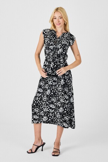 Siyah-Beyaz Çentik Yaka Düğmeli Desenli Kolsuz Midi Elbise
