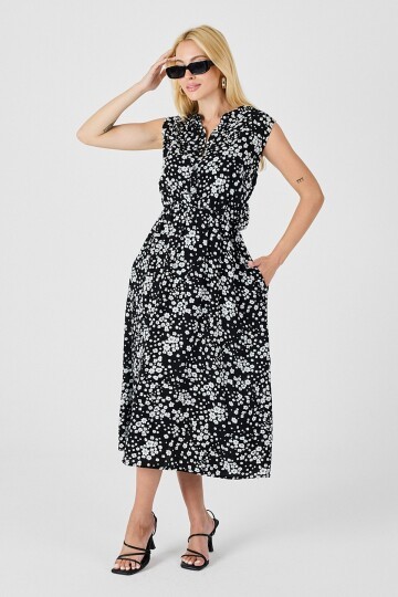 Siyah-Beyaz Çentik Yaka Düğmeli Desenli Kolsuz Midi Elbise