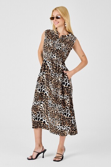Leopar Çentik Yaka Düğmeli Desenli Kolsuz Midi Elbise