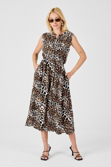 Leopar Çentik Yaka Düğmeli Desenli Kolsuz Midi Elbise