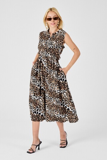 Leopar Çentik Yaka Düğmeli Desenli Kolsuz Midi Elbise