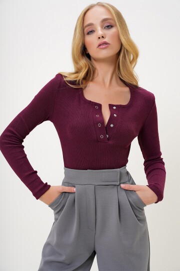 Bordo Çıtçıtlı Zımparalı Kaşkorse Bluz