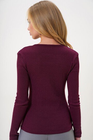 Bordo Çıtçıtlı Zımparalı Kaşkorse Bluz