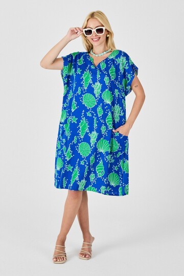 Mavi Deniz Kabuğu Desenli V Yaka Oversize Elbise