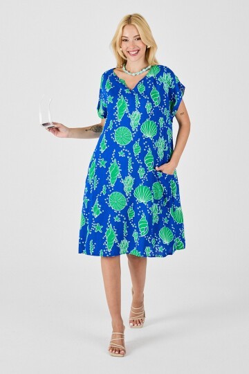 Mavi Deniz Kabuğu Desenli V Yaka Oversize Elbise