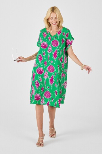 Yeşil Deniz Kabuğu Desenli V Yaka Oversize Elbise