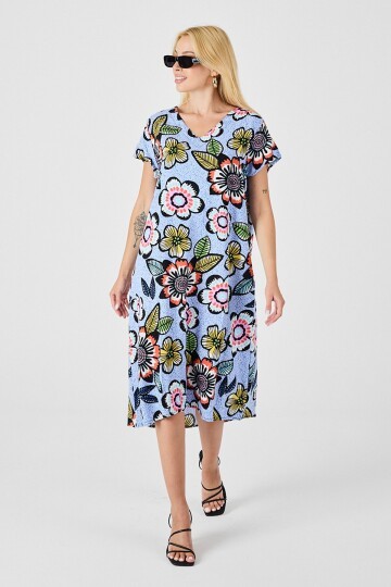 Bebe Mavi Derin V Yaka Çiçek Desenli Midi Boy Elbise