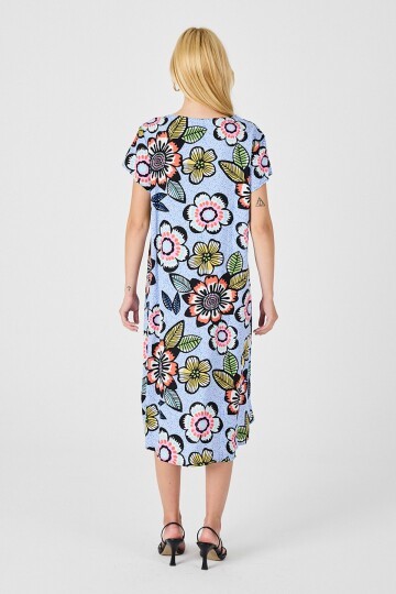 Bebe Mavi Derin V Yaka Çiçek Desenli Midi Boy Elbise