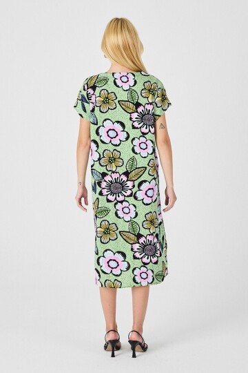 Fıstık Yeşili Derin V Yaka Çiçek Desenli Midi Boy Elbise