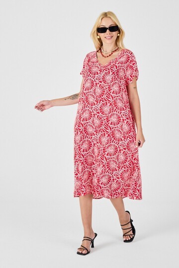 Kırmızı Derin V Yaka Kısa Kollu Çizgi Desenli Midi Boy Elbise