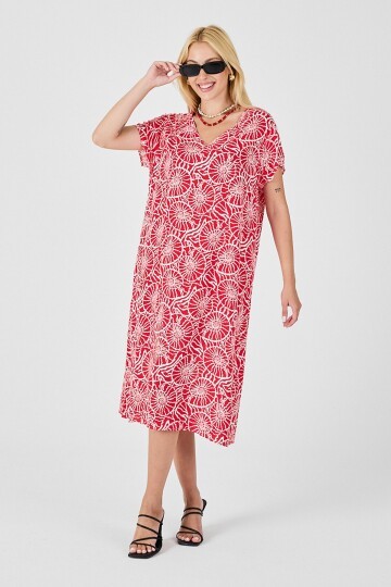 Kırmızı Derin V Yaka Kısa Kollu Çizgi Desenli Midi Boy Elbise