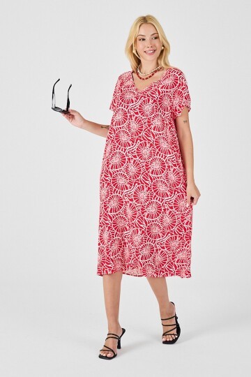 Kırmızı Derin V Yaka Kısa Kollu Çizgi Desenli Midi Boy Elbise