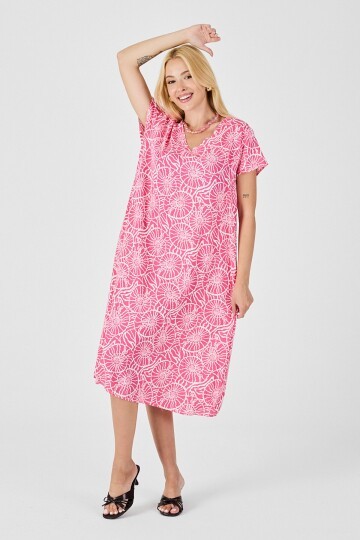 Pembe Derin V Yaka Kısa Kollu Çizgi Desenli Midi Boy Elbise