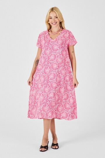 Pembe Derin V Yaka Kısa Kollu Çizgi Desenli Midi Boy Elbise