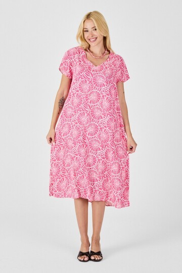 Pembe Derin V Yaka Kısa Kollu Çizgi Desenli Midi Boy Elbise