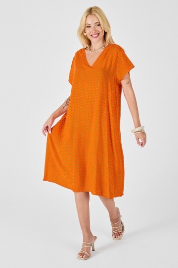 Turuncu Derin V Yaka Kısa Kollu Çizgi Desenli Midi Boy Elbise