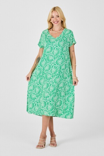 Yeşil Derin V Yaka Kısa Kollu Çizgi Desenli Midi Boy Elbise